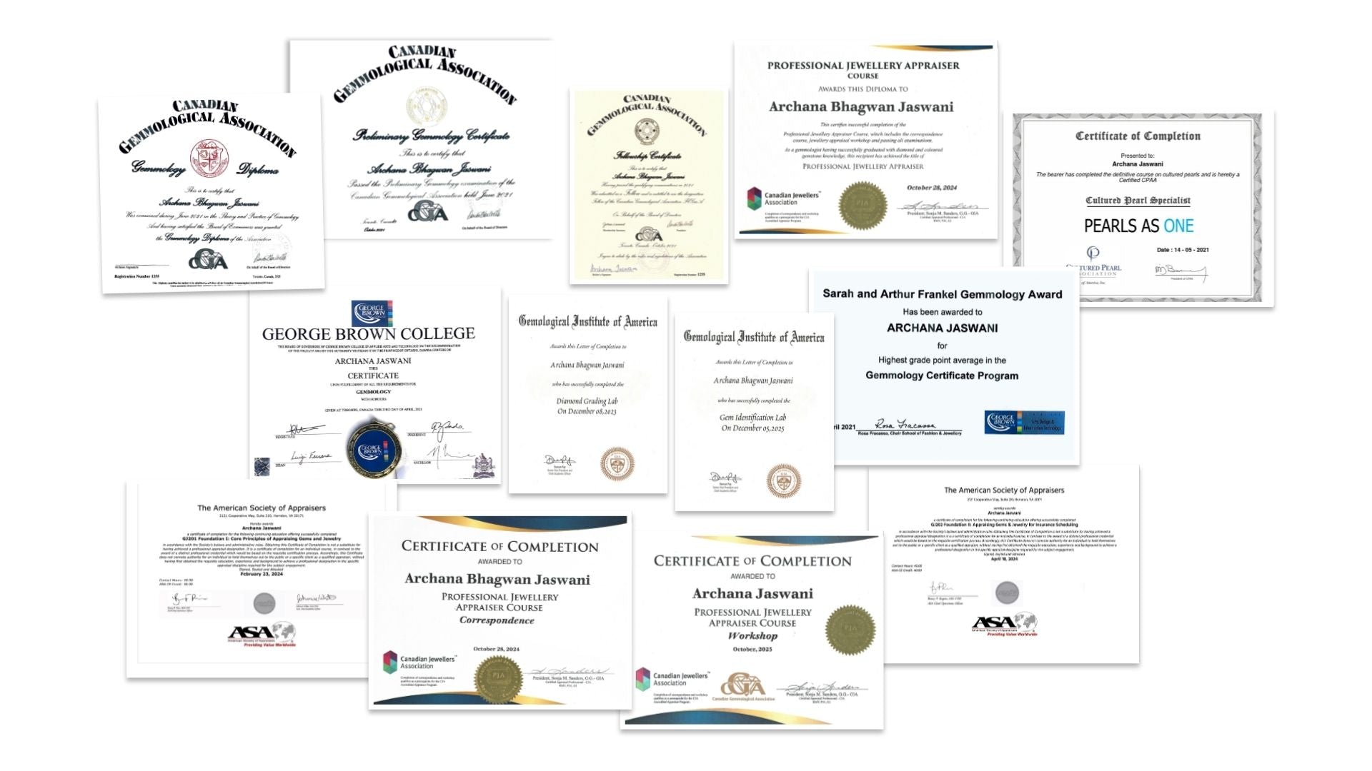 Collage of gemology and jewelry appraisal certificates awarded to Archana Bhagwan Jaswani, including diplomas and recognitions from the Canadian Gemmological Association, George Brown College, Gemological Institute of America, American Society of Appraisers, and Canadian Jewellers Association. Highlights include Gemmology Diploma, Professional Jewellery Appraiser Course, Cultured Pearl Specialist Certificate, and Sarah and Arthur Frankel Gemmology Award for highest grade point average.